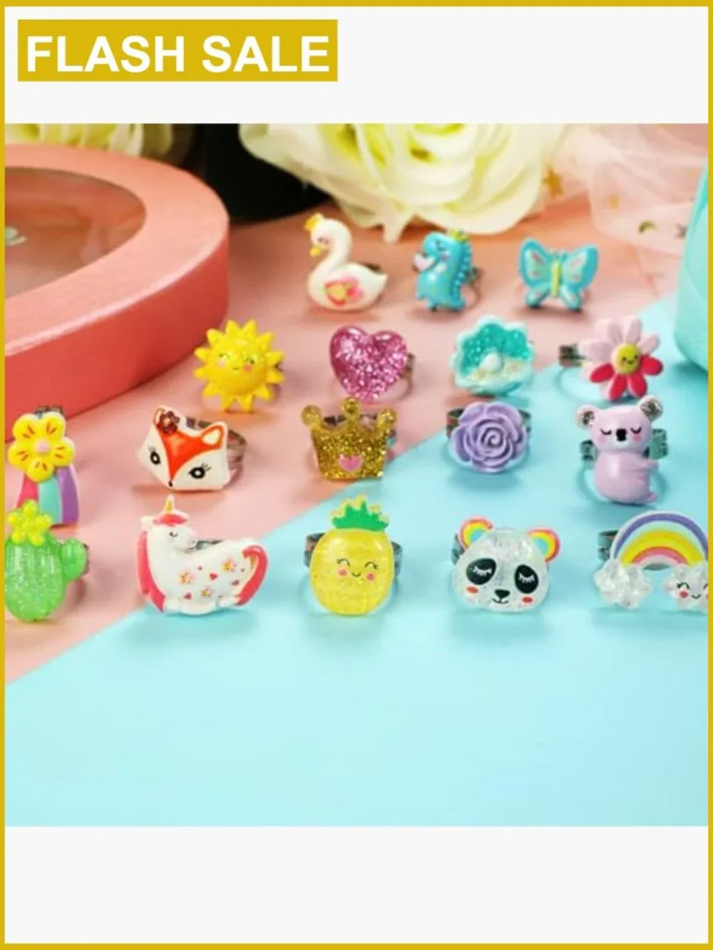 Adjustable Princess Ring Set for Kids 3-12, Dress Up Jewelry Gift Box